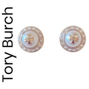 NWOT Tory Burch Gold Logo, Pearl Round Zircon Accent Stud Earrings